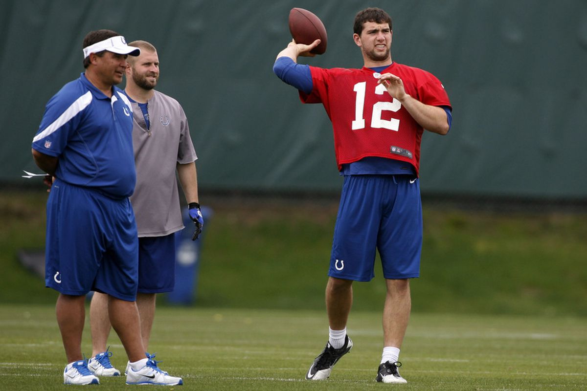 May 4, 2012; Indianapolis, IN, USA; Indianapolis Colts quarterback coach Clyde Christensen watches quarterback Andrew Luck (12) throw a pass during minicamp at the Indiana Farm Bureau Football Center. Mandatory Credit: Brian Spurlock-US PRESSWIRE
