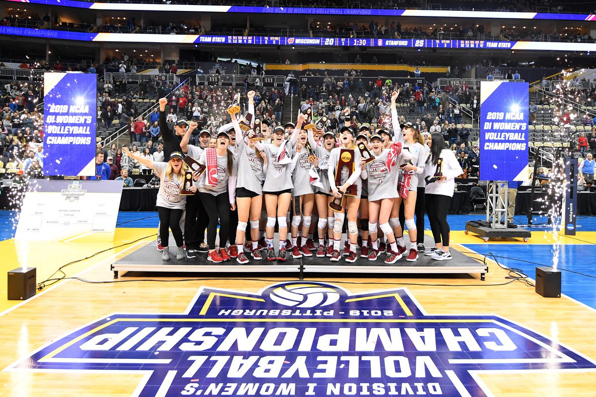 The Stanford Cardinal celebrate their victory against the Wisconsin Badgers during the Division I Women’s Volleyball Championship held at PPG Paints Arena on December 21, 2019 in Pittsburgh, Pennsylvania.