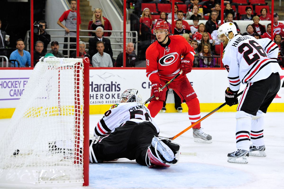 Alexander Semin scores against Corey Crawford on Tuesday night at the PNC