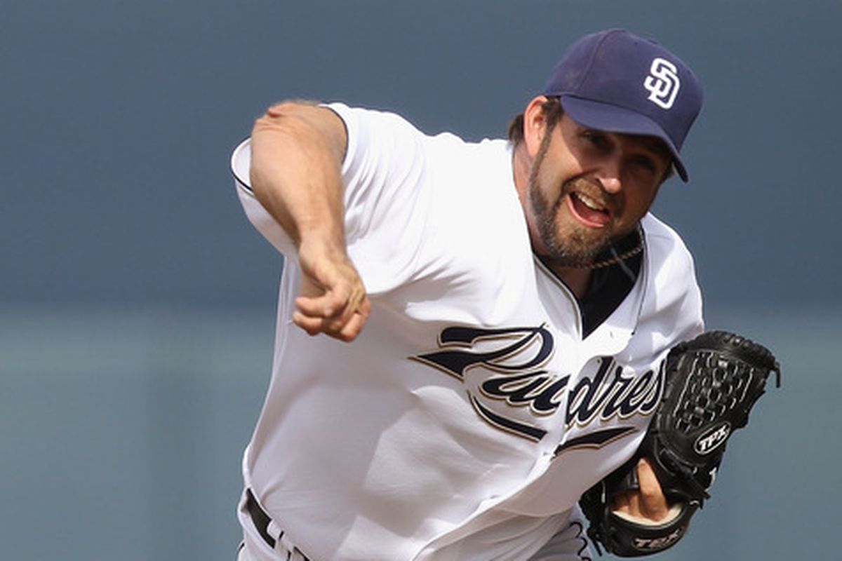 PEORIA, AZ - MARCH 06:  Relief pitcher Heath Bell #21 of the San Diego Padres pitches against the Oakland Athletics during the spring training game at Peoria Stadium on March 6, 2011 in Peoria, Arizona.  (Photo by Christian Petersen/Getty Images)