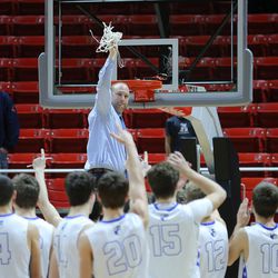 Bingham players salute Miners coach Jake Schroeder after Bingham beat Copper Hills in the 5A basketball championship in the Huntsman Center at the University of Utah Saturday, March 5, 2016. 