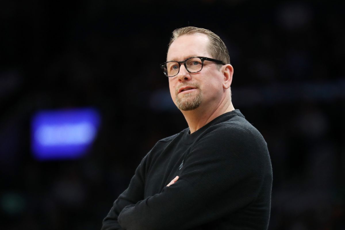 Head coach Nick Nurse of the Toronto Raptors looks on during the first quarter of the game between the Boston Celtics and the Toronto Raptors at TD Garden on April 07, 2023 in Boston, Massachusetts.
