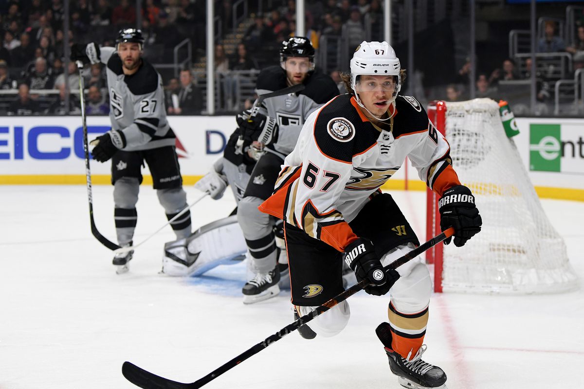 Rickard Rakell #67 of the Anaheim Ducks skates to the corner for the puck during a 3-1 Ducks win over the Los Angeles Kings at Staples Center on February 01, 2020 in Los Angeles, California.
