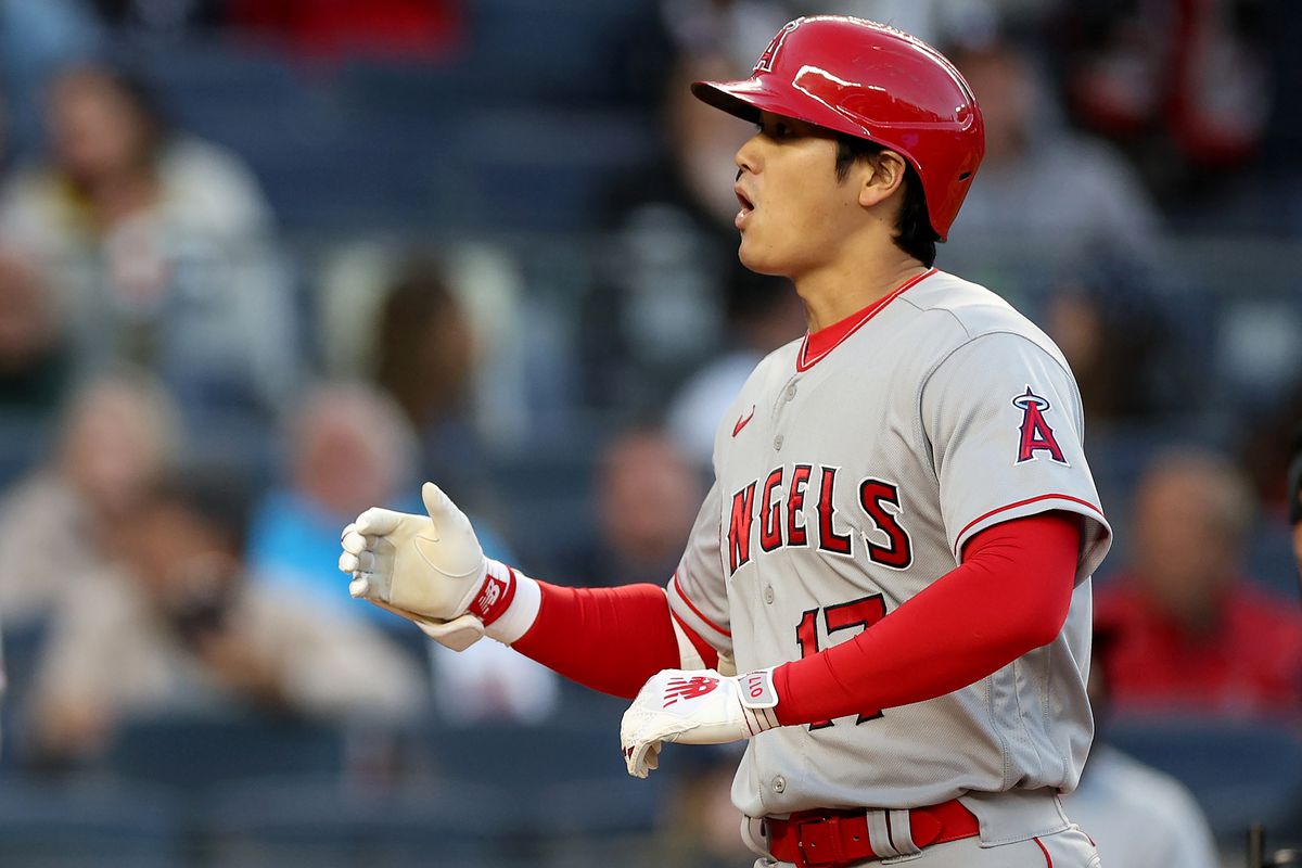 Shohei Ohtani of the Los Angeles Angels celebrates his two run home run in the first inning against the New York Yankees at Yankee Stadium on April 18, 2023 in the Bronx borough of New York City.