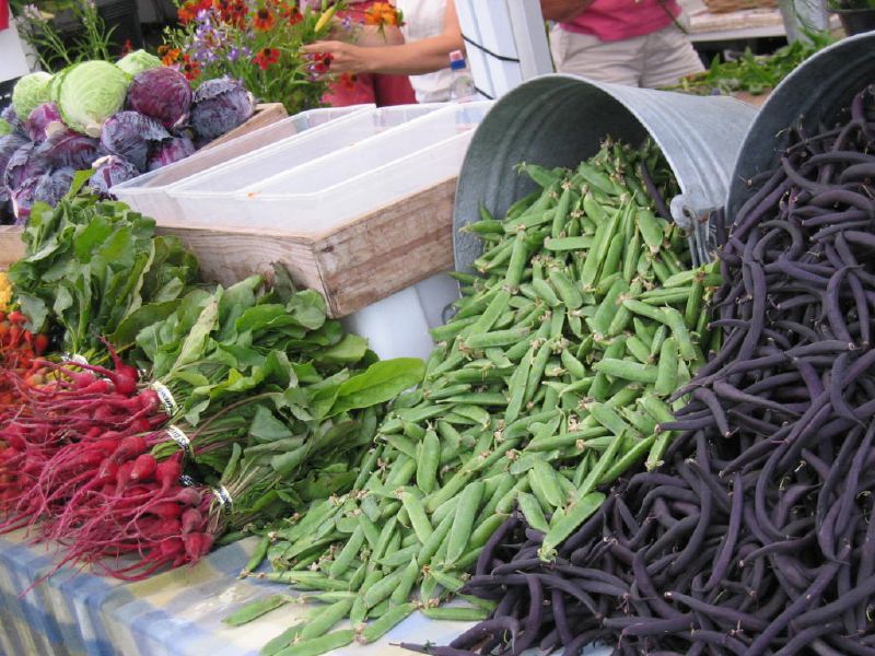 A variety of beans, peas, and other root vegetables on a table at the Bellevue Farmers Market in Seattle.