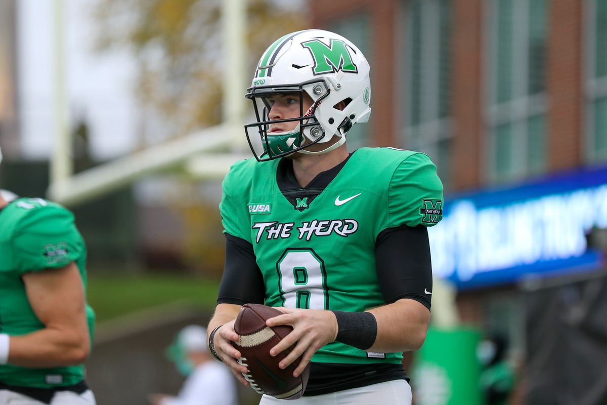 Marshall Thundering Herd quarterback Grant Wells on the field prior to the college football game between the Florida Atlantic Owls and the Marshall Thundering Herd on October 24, 2020, at Joan C. Edwards Stadium in Huntington, WV.