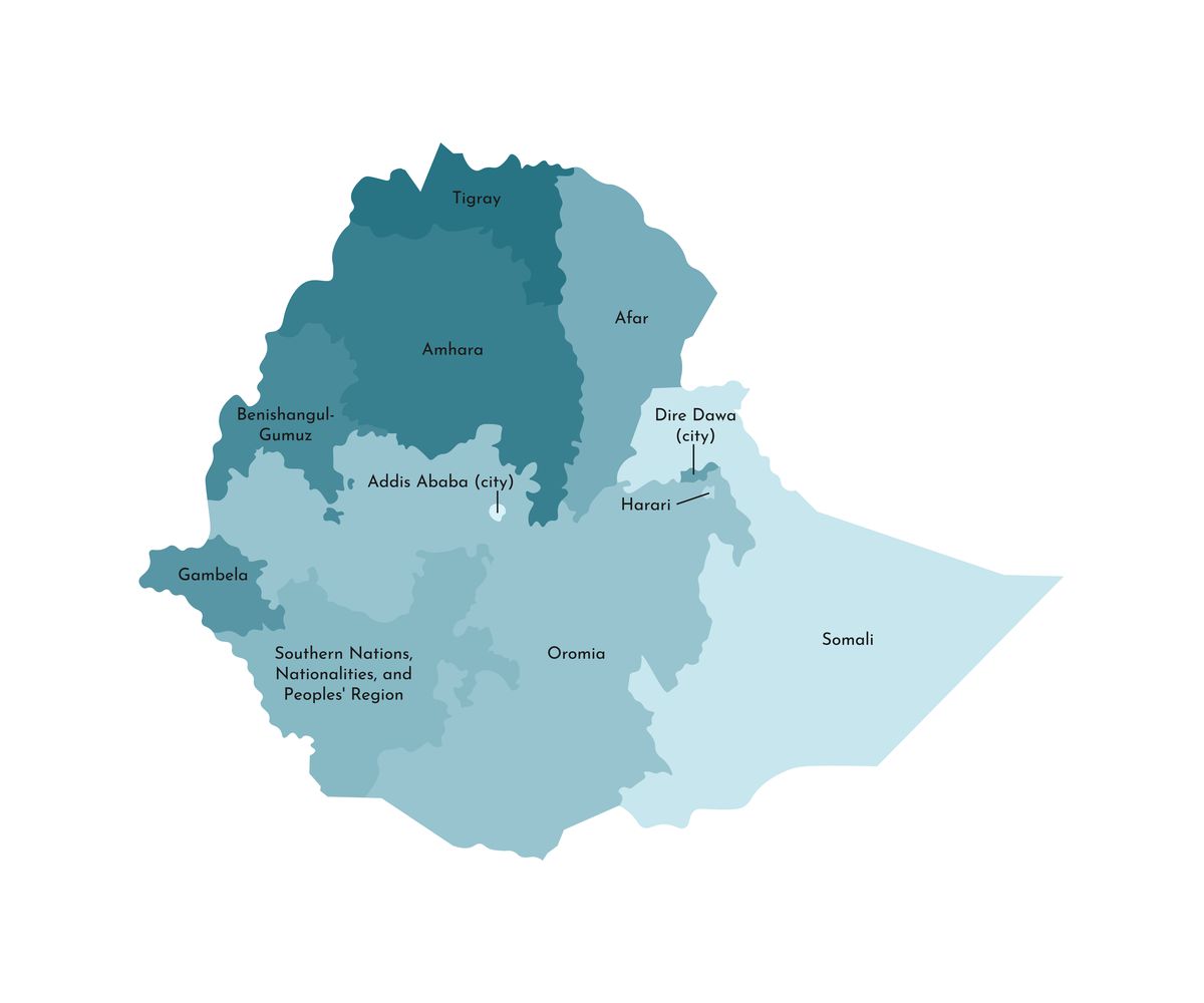 A map in shades of blue shows the regions of Ethiopia.