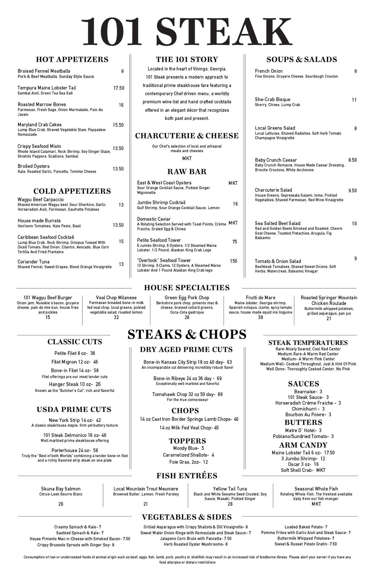 101 Steak menu