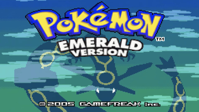 An image of the start screen for the Game Boy Advance game, Pokémon Emerald. It shows the silhouette of Rayquaza. It says: Pokémon Emerald Version 2005 Game Freak inc. 