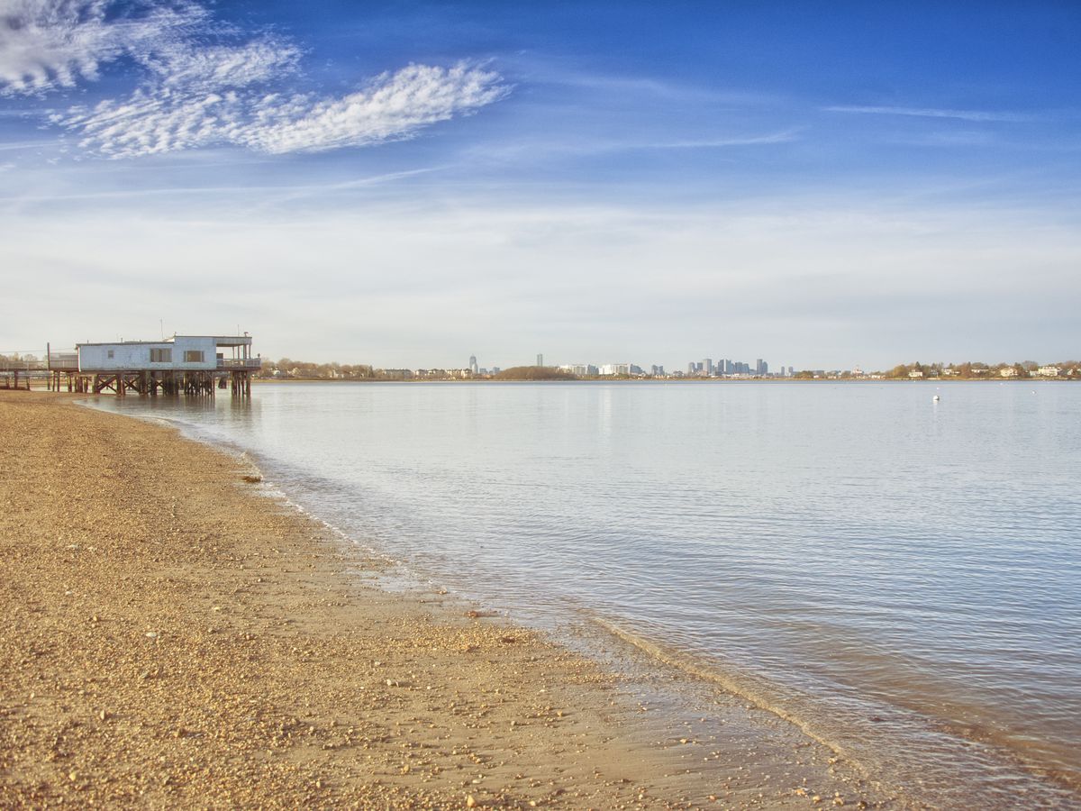 A sandy beach and a body of water. There is a pier in the distance. 