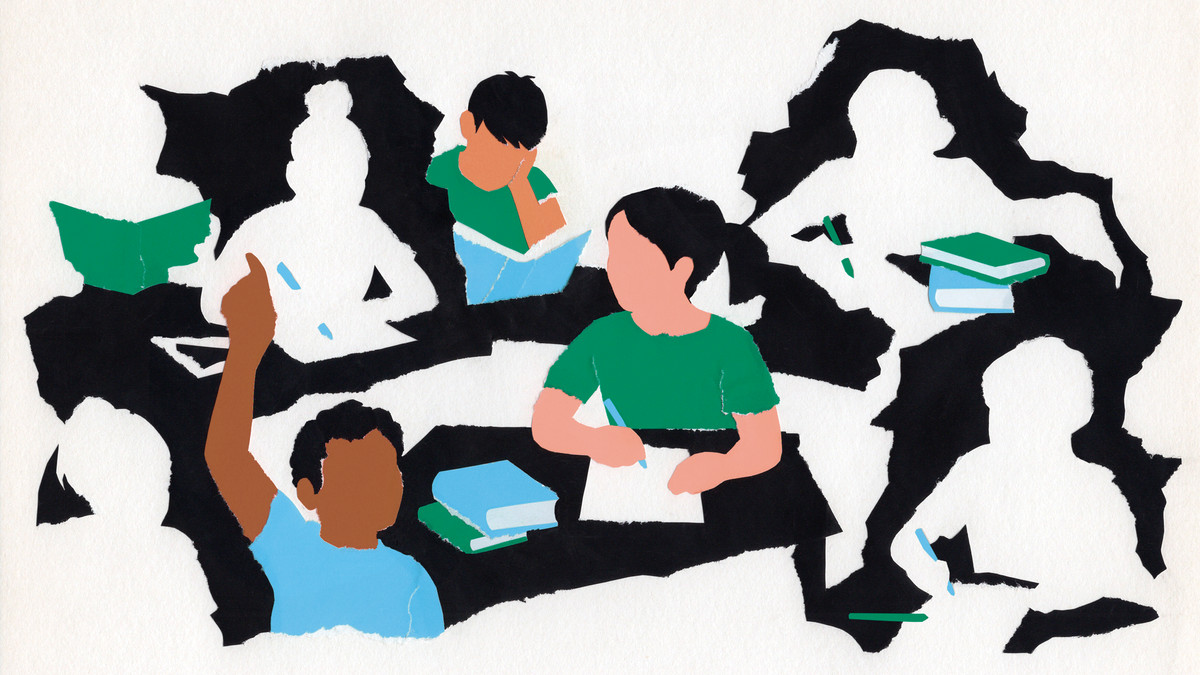 An illustration shows several children writing and reading at school desks. Some children are negative-space silhouettes, showing that they are missing from class.