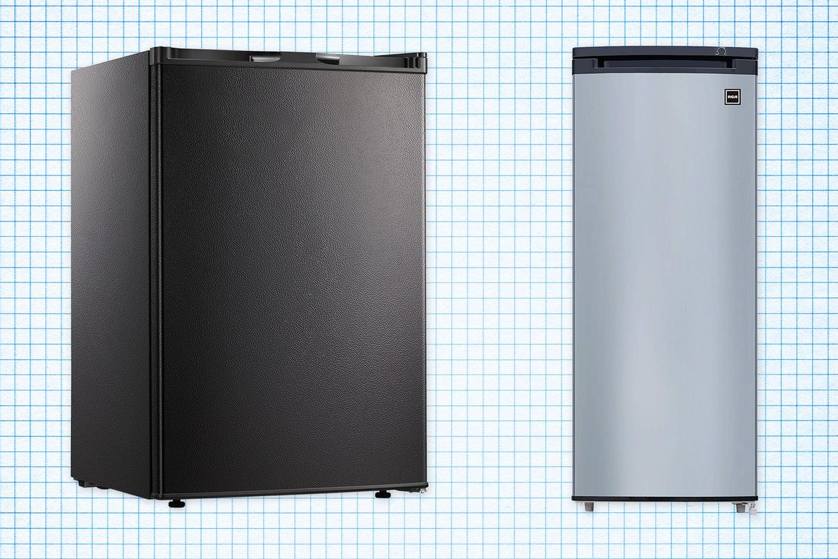 Upright freezers against a blue graph paper background