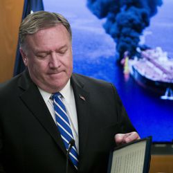 Secretary of State Mike Pompeo closes his remarks as he departs after a media availability, at the State Department, Thursday, June 13, 2019, in Washington. Pompeo says Iran is believed to be responsible for attacks on 2 tankers near Persian Gulf. (AP Photo/Alex Brandon)