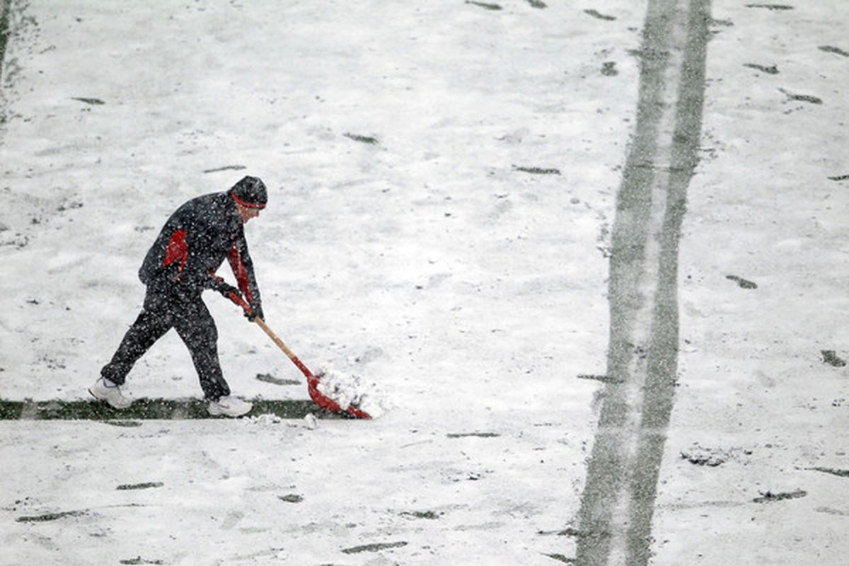 Reds groundskeeper clearing rightfield at GABP for the annual Winter Classic between the Reds and, you guessed it, the Brooklyn Bridegrooms.