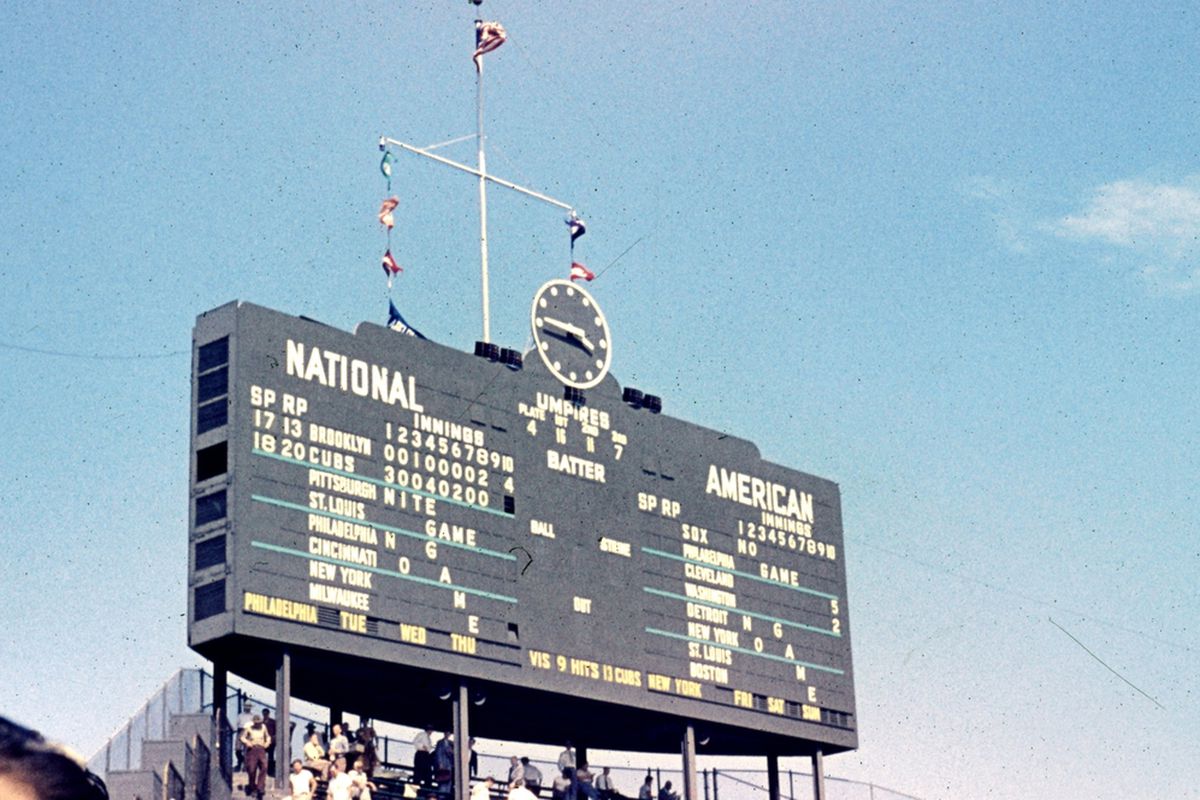 The Wrigley Field scoreboard on June 22, 1953.