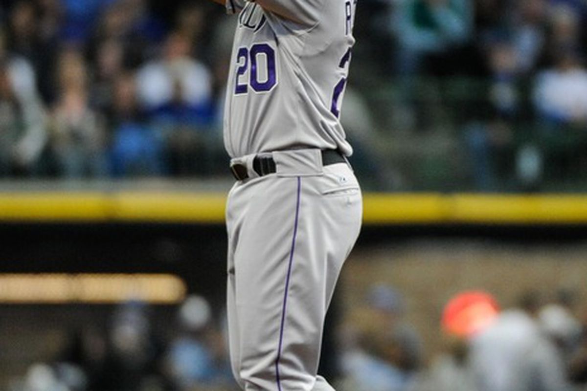Apr 21, 2012; Milwaukee, WI, USA;  Colorado Rockies catcher Wilin Rosario (20) gestures after getting a double in the third inning against the Milwaukee Brewers at Miller Park.  Mandatory Credit: Benny Sieu-US PRESSWIRE