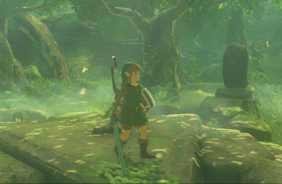 Link in the Wild Armor green tunic from Breath of the Wild walking in the Korok Forest, but in Tears of the Kingdom