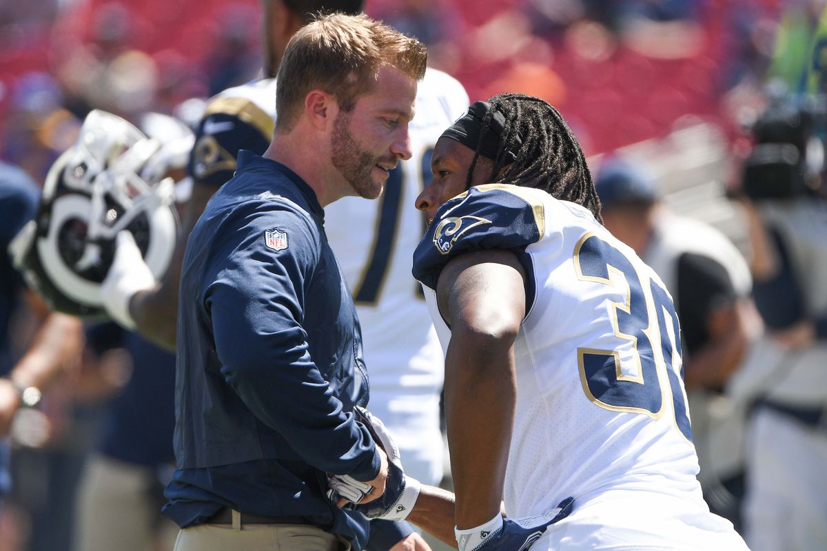 Los Angeles Rams Head Coach Sean McVay talks to EB Todd Gurley during pregame warmups before the Rams’ Week 3 game against the Los Angeles Chargers, Sep. 23, 2018.