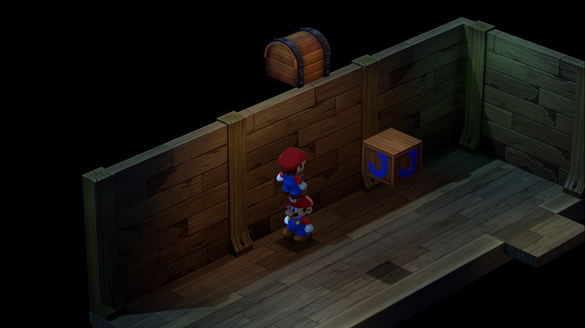 Mario stands on top of another Mario clone to reach a chest in Super Mario RPG.