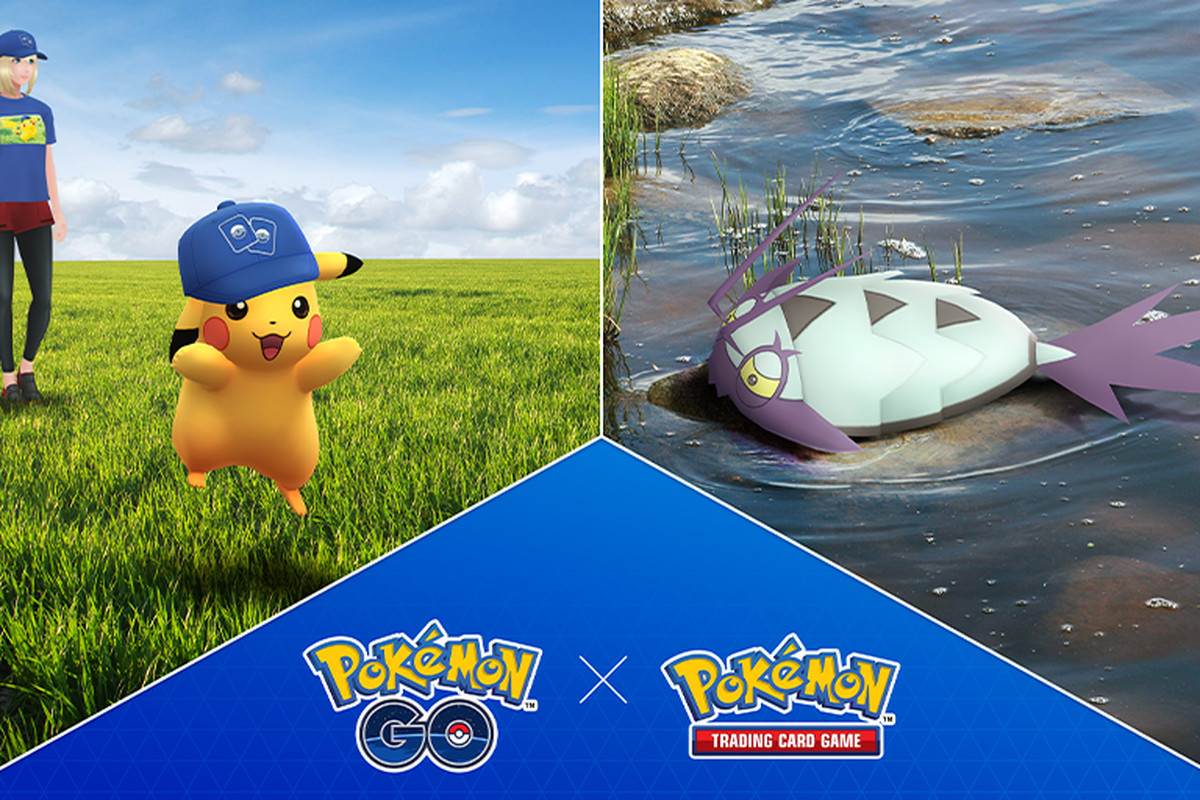 Pikachu in a hat and Wimpod over the Pokémon Go and TCG logo