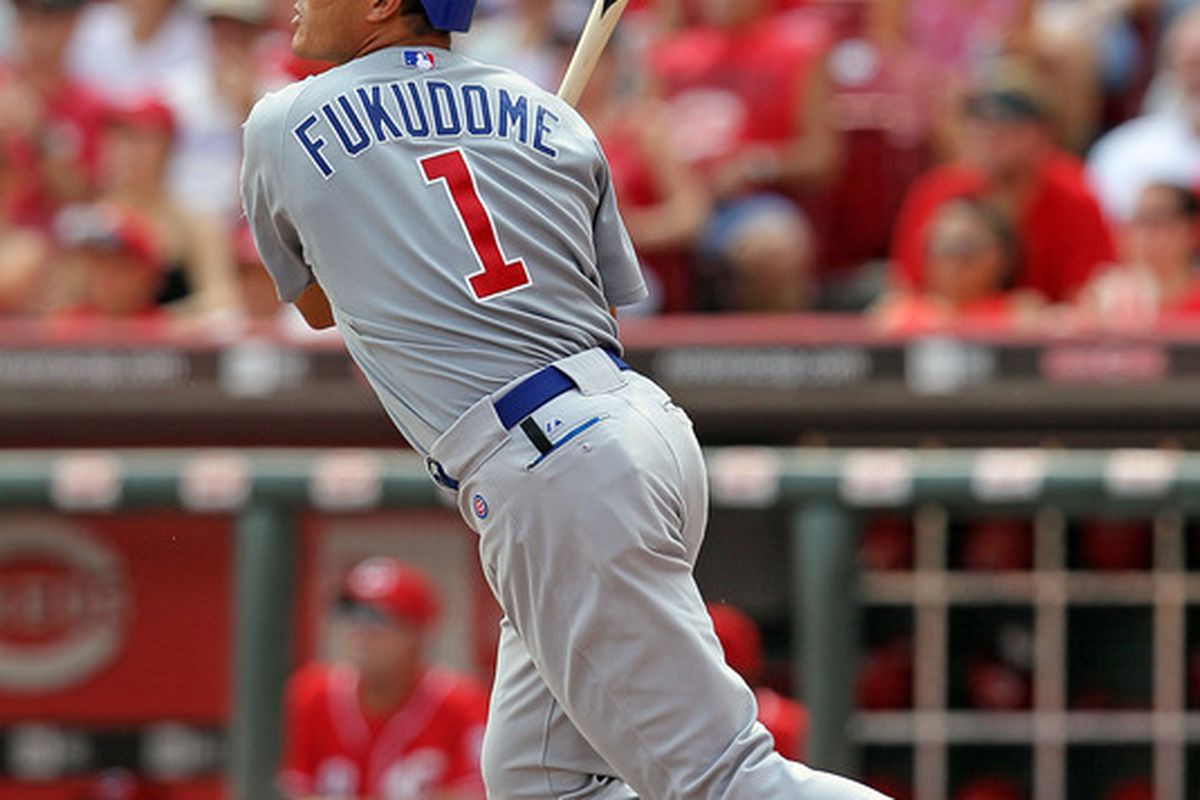 CINCINNATI - AUGUST 29:  Kosuke Fukudome #1 of the Chicago Cubs hits a home run during the game against the Cincinnati Reds at Great American Ball Park on August 29 2010 in Cincinnati Ohio.  (Photo by Andy Lyons/Getty Images)