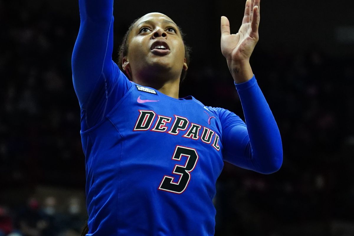 DePaul Blue Demons guard Deja Church shoots against the UConn Huskies in the second half at Harry A. Gampel Pavilion.