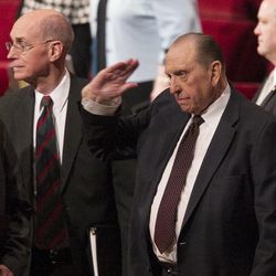 President Thomas S. Monson salutes the audience following the afternoon session Saturday, April 6, 2013 of the 183th Annual General Conference of The Church of Jesus Christ of Latter-day Saints in the Conference Center.