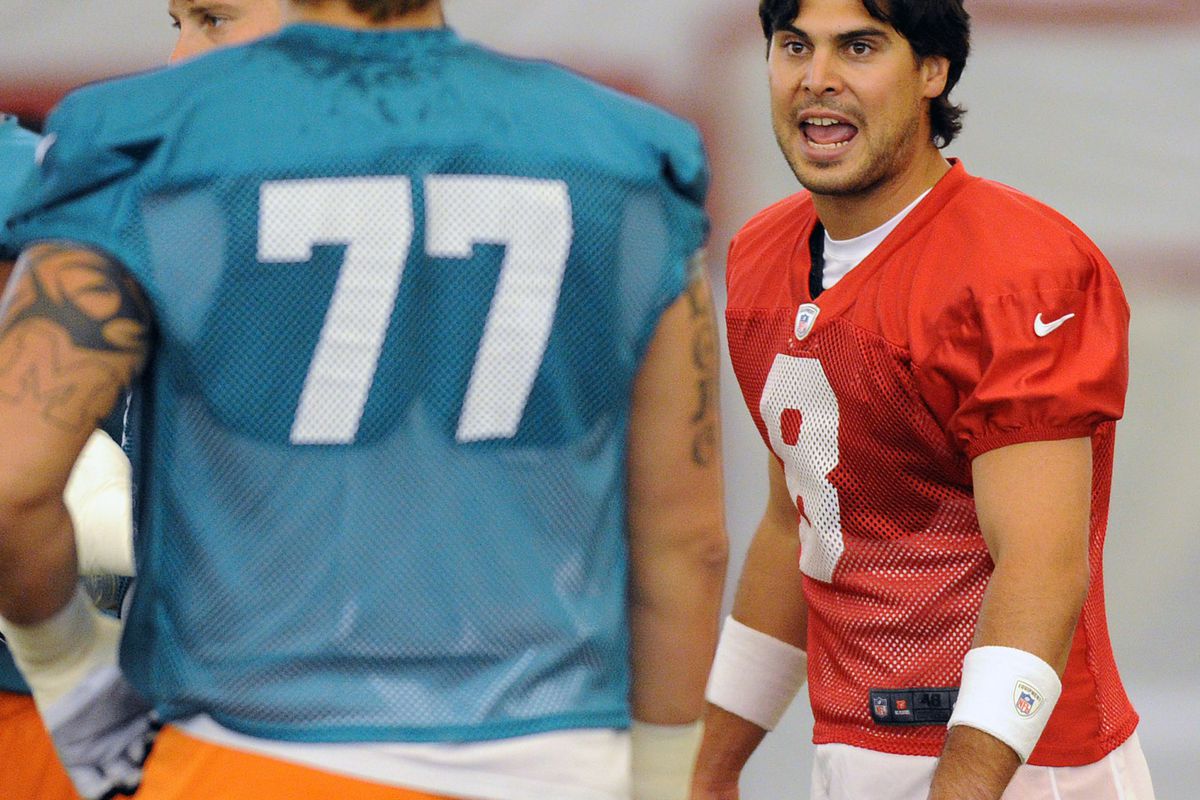 July 27 2012; Davie, FL, USA; Miami Dolphins quarterback Matt Moore (8) during practice at the Dolphins training facility. Mandatory Credit: Steve Mitchell-US PRESSWIRE
