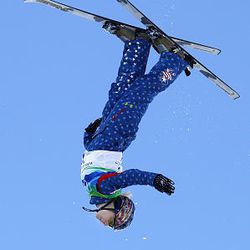Sandy's Lacy Schnoor performs in the women's freestyle skiing aerials qualifications at the Vancouver 2010 Olympics.