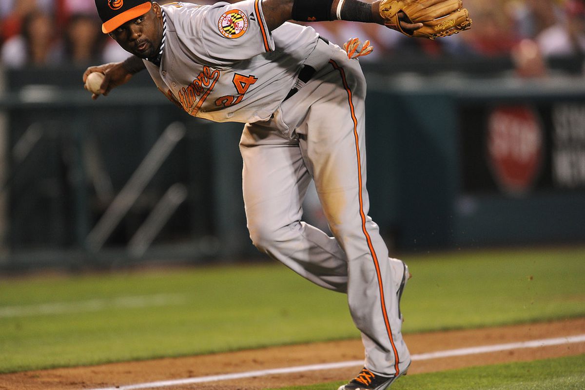 July 7, 2012; Anaheim, CA, USA;    Baltimore Orioles third baseman Wilson Betemit (24) makes a play during the game against the Los Angeles Angels at Angel Stadium. Angels won 3-0.  Mandatory Credit: Jayne Kamin-Oncea-US PRESSWIRE