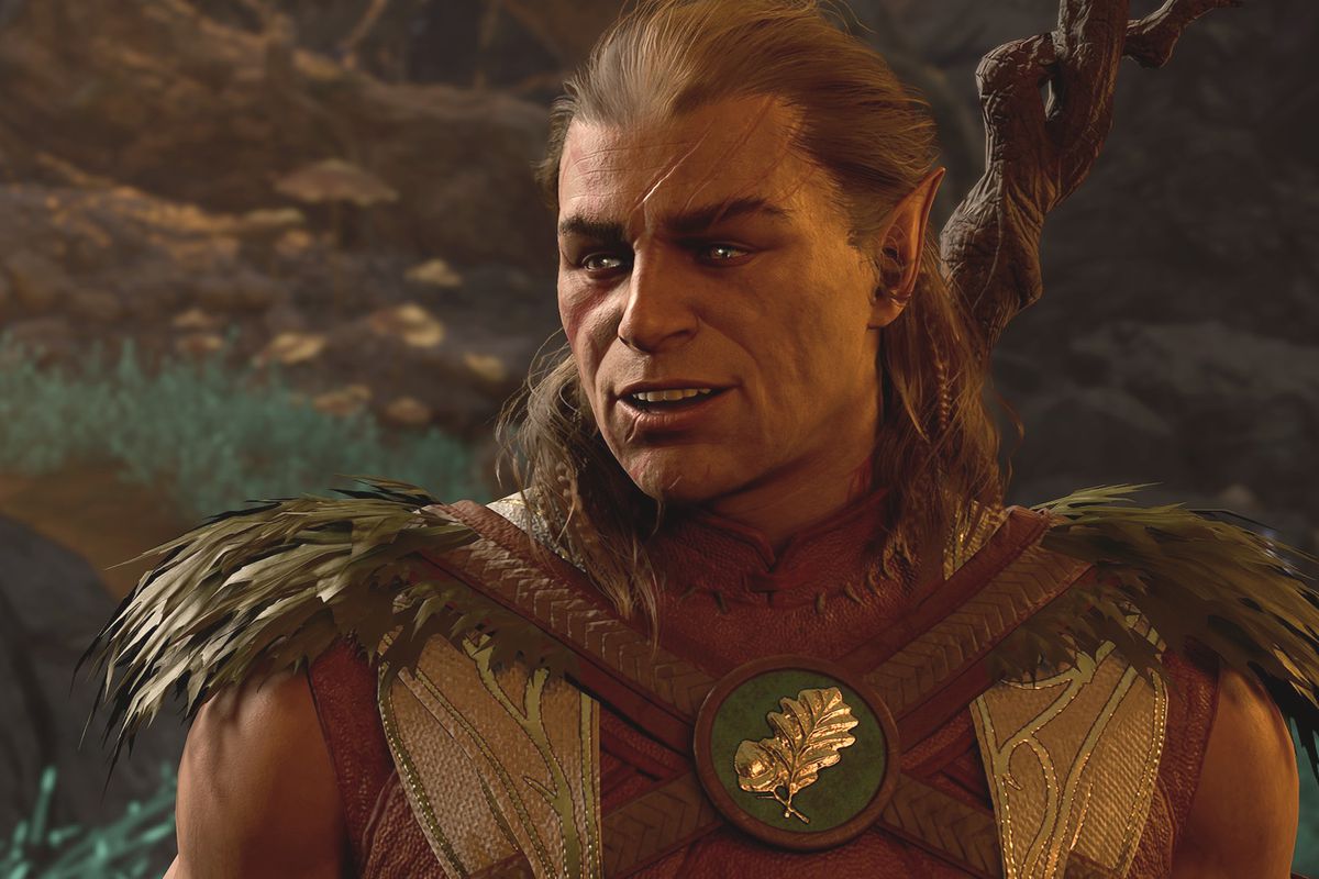 Halsin, a handsome elf with dark hair pulled back, chuckles charmingly at something the player has just said. 