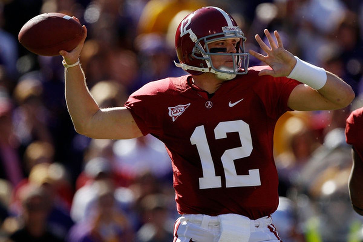 BATON ROUGE LA - NOVEMBER 06:  Quarterback Greg McElroy #12 of the Alabama Crimson Tide throws a pass against the Louisiana State University Tigers at Tiger Stadium on November 6 2010 in Baton Rouge Louisiana.  (Photo by Chris Graythen/Getty Images)