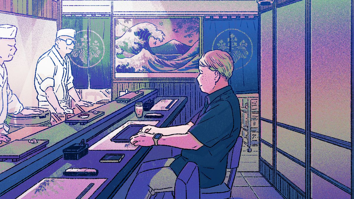 Illustration of a man sitting at a sushi bar in an otherwise empty room, with two sushi chefs looking at him.