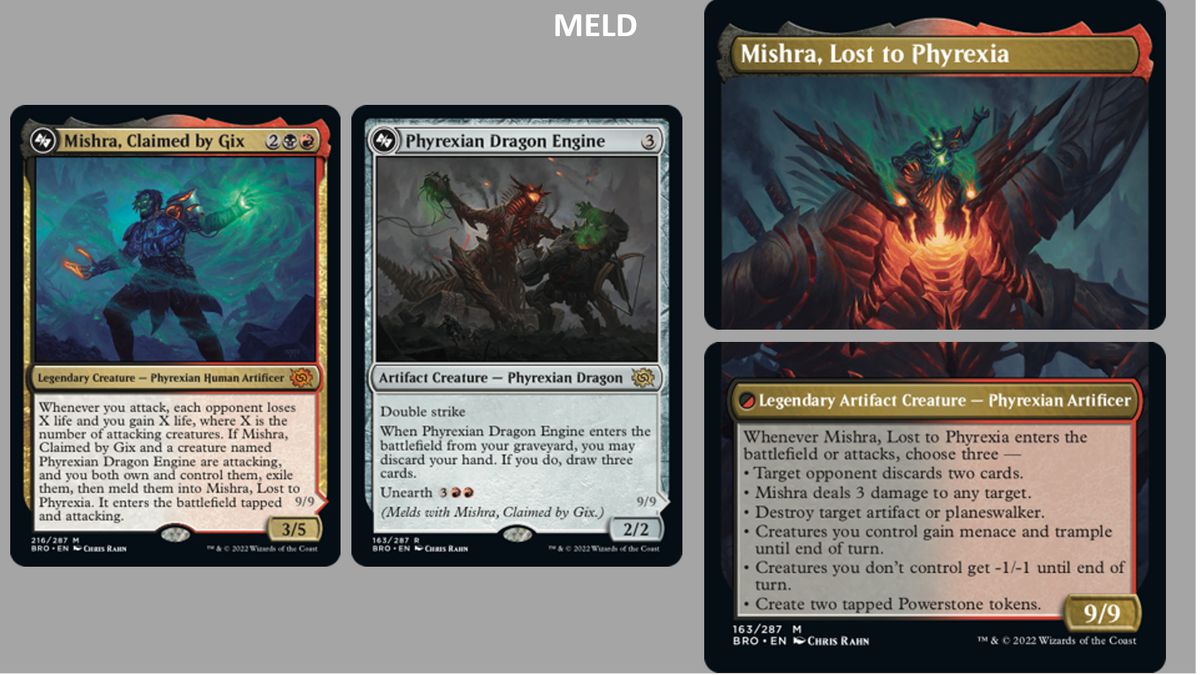 A graphic showing the meld of Magic’s Mishra, Claimed by Gix and Phyrexian Dragon Engine cards. When flipped over, they combine to create Mishra, Lost to Phyrexia — a legendary artifact creature with three powers from a potential of 6.