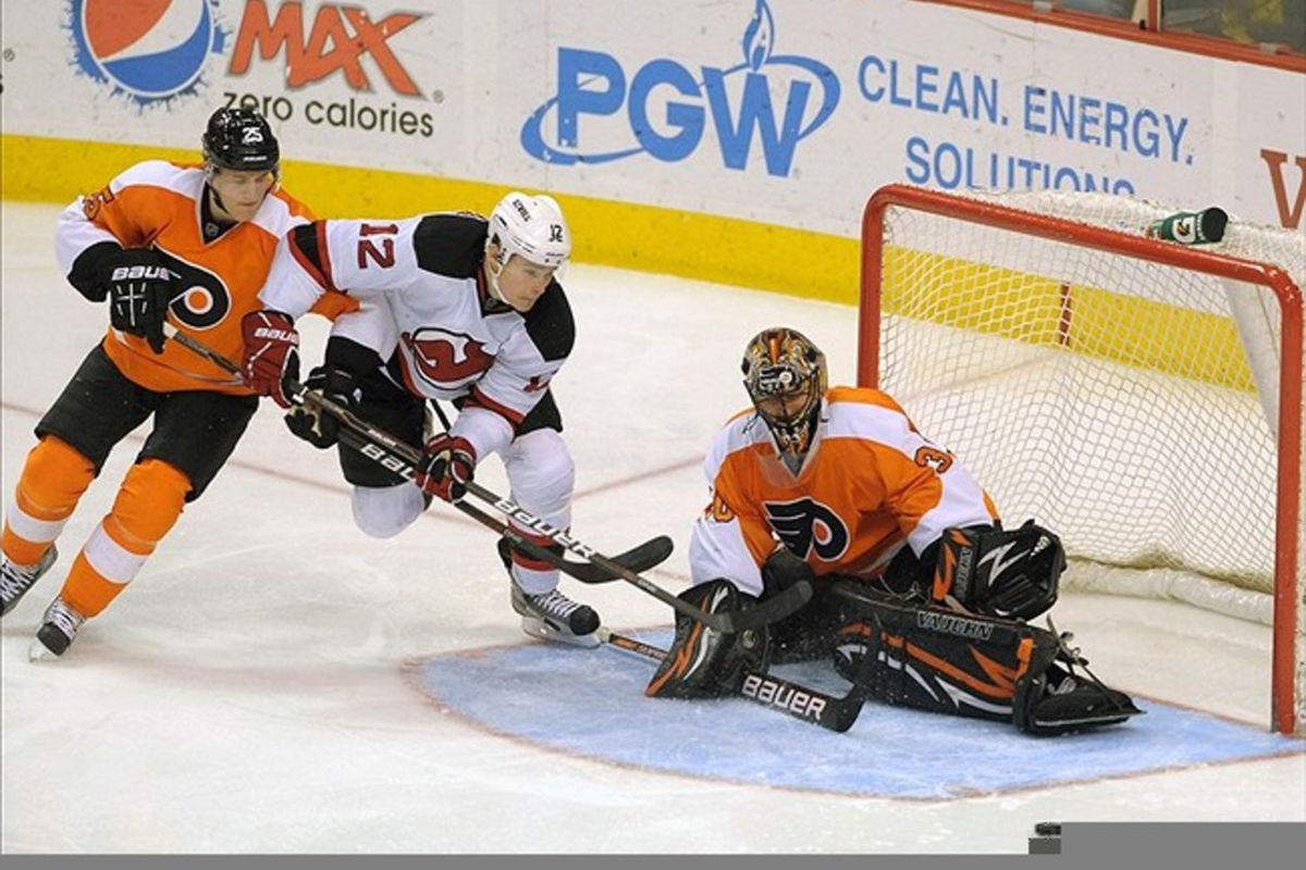 There weren't enough Devils around the opposition's goaltender against the Flyers on Tuesday, so here's a picture of what that looks like.  Mandatory Credit: Eric Hartline-US PRESSWIRE
