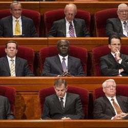 Members of the Seventy listen to conference during Saturday morning session of the 183rd Semiannual General Conference for the Church of Jesus Christ of Latter-day Saints Saturday, Oct. 5, 2013 inside the Conference Center.