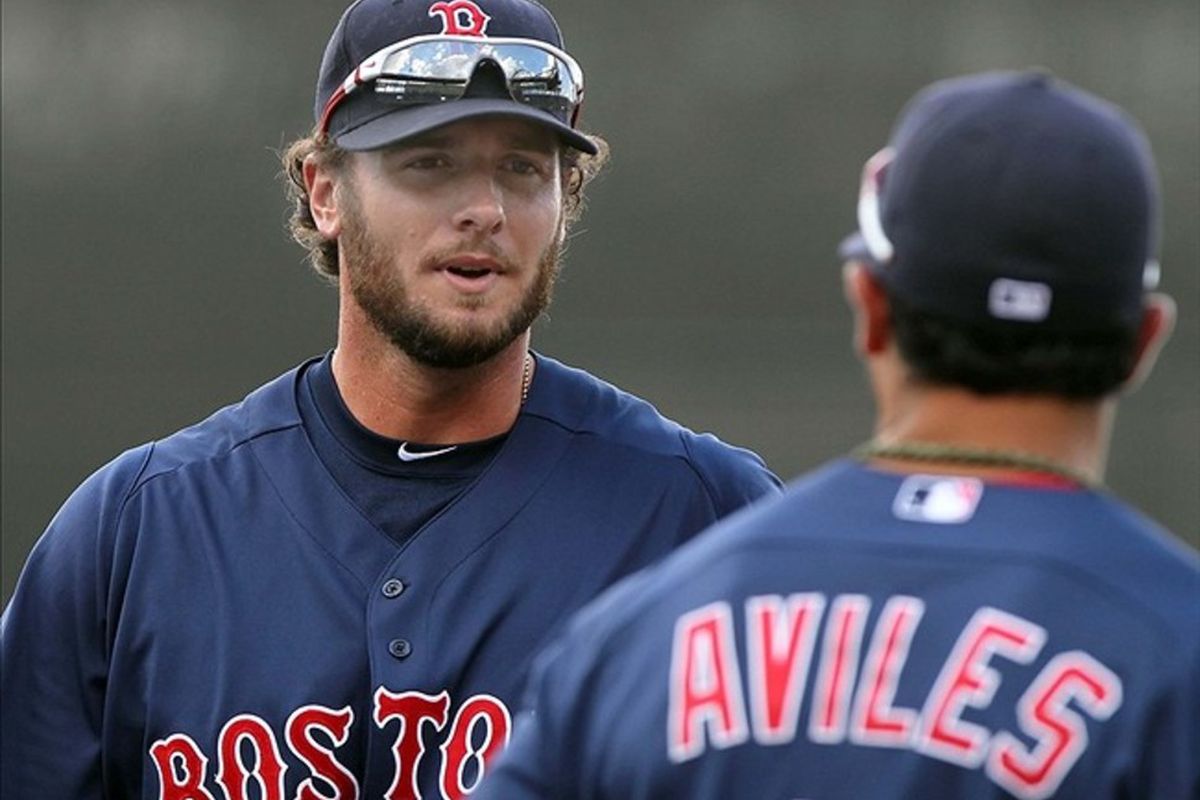 March 13, 2012; Tampa, FL, USA; Boston Red Sox catcher Jarrod Saltalamacchia (39) talks with shortstop Mike Aviles (3) prior to the game against the New York Yankees at George M. Steinbrenner Field. Mandatory Credit: Kim Klement-US PRESSWIRE