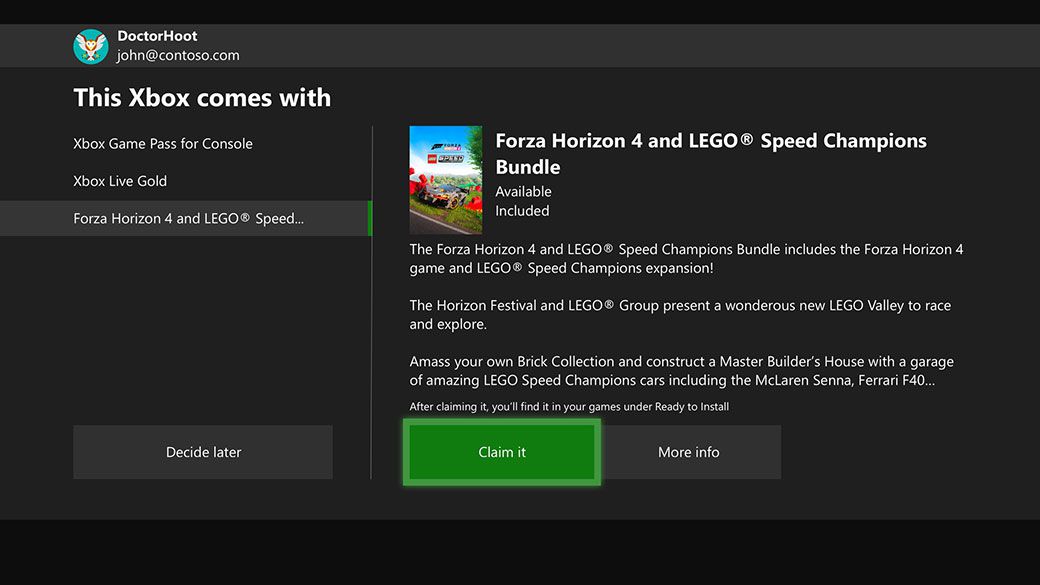 A screenshot from the setup process of a new Xbox console shows the option to claim a game or decide later.