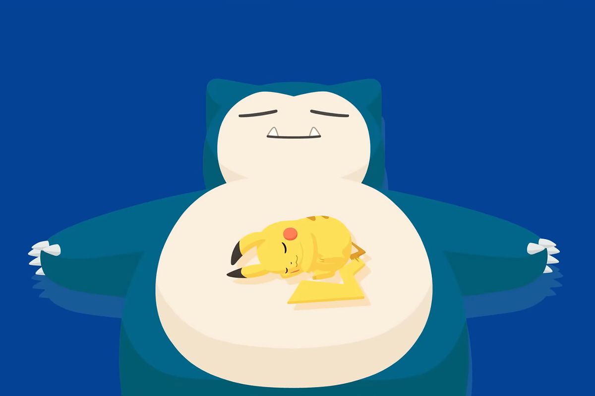 Snorlax sleeps with its arms outstretched, while a snoozing Pikachu rests on its belly