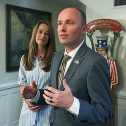 Lt. Gov. Spencer Cox, joined by his wife, Abby, talks about their decision for him to run for governor in 2020 from a shared office space in Salt Lake City on Tuesday, May 14, 2019.