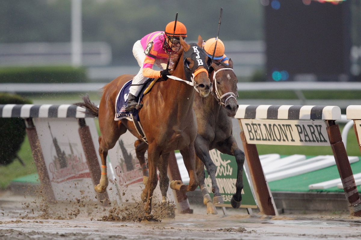 ELMONT, NY - JUNE 11:  Jose Valdivia, Jr. rides Ruler on Ice to victory over Javier Castellano and Stay Thirsty during the 143rd running of the Belmont Stakes at Belmont Park on June 11, 2011 in Elmont, New York.  (Photo by Rob Carr/Getty Images)