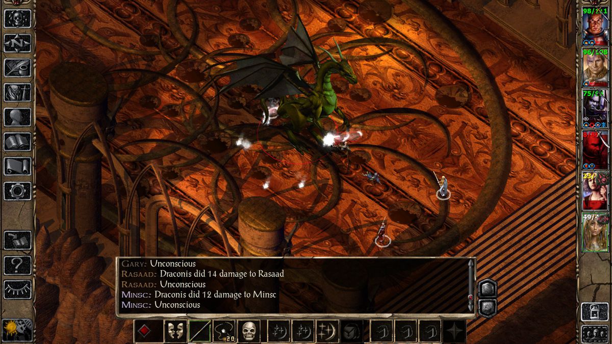A party comprising the characters Gary, Rasaad, and Minsc goes toe-to-toe with a dragon in Baldur’s Gate 2