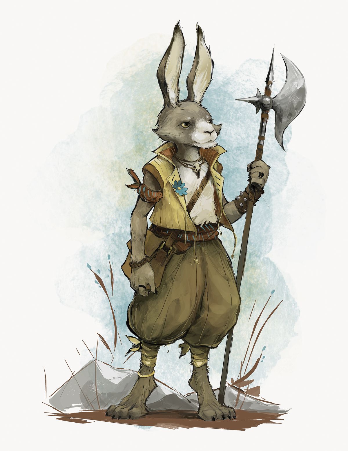 Fantasy illustration of a rabbit wearing britches and holding a halbert