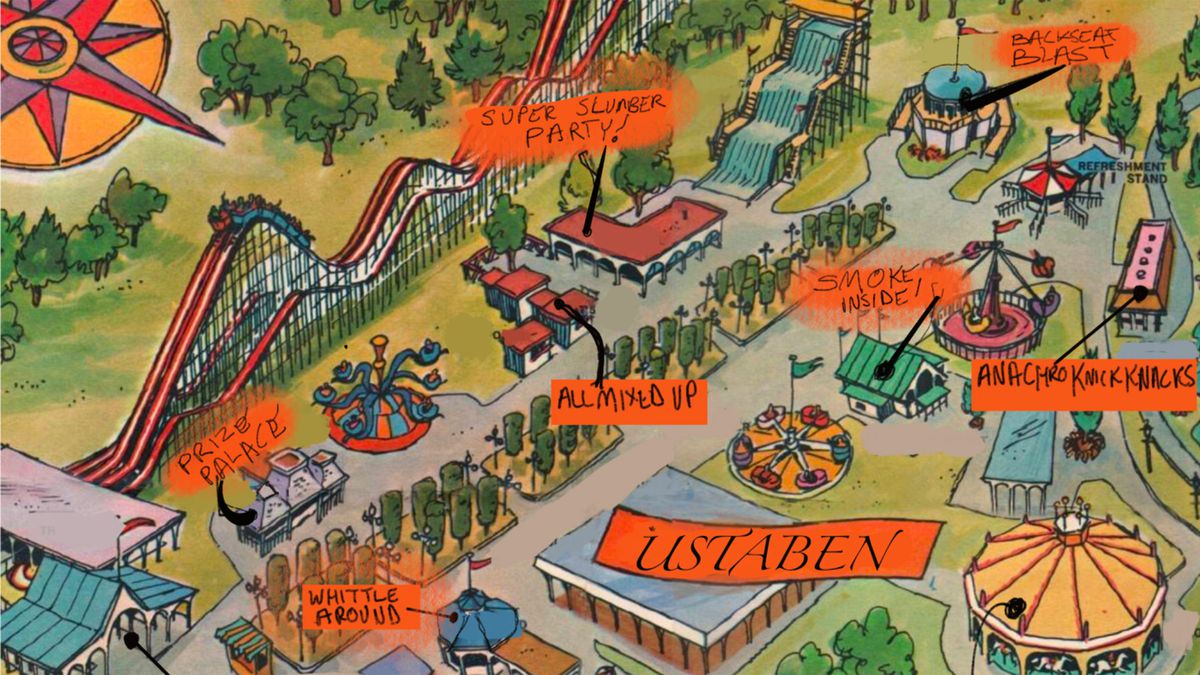 A map of King’s Island ne Ustaben, featuring a location called “Super Slumber Party” and “Prize Palace.”