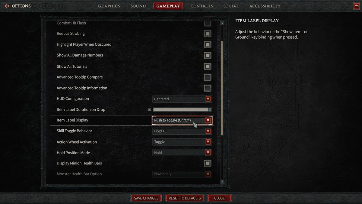 Looting options in Diablo 4 / IV. Item Label Duration set to 10 seconds and set to toggleable. Gameplay settings.