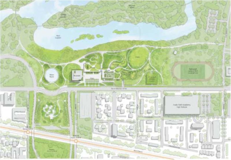 Map of the Obama Presidential Center site along the Jackson Park lagoon.