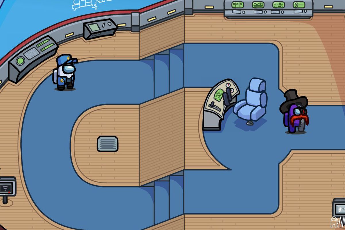 A new Among Us map, which shows two players standing in a clean captain’s deck