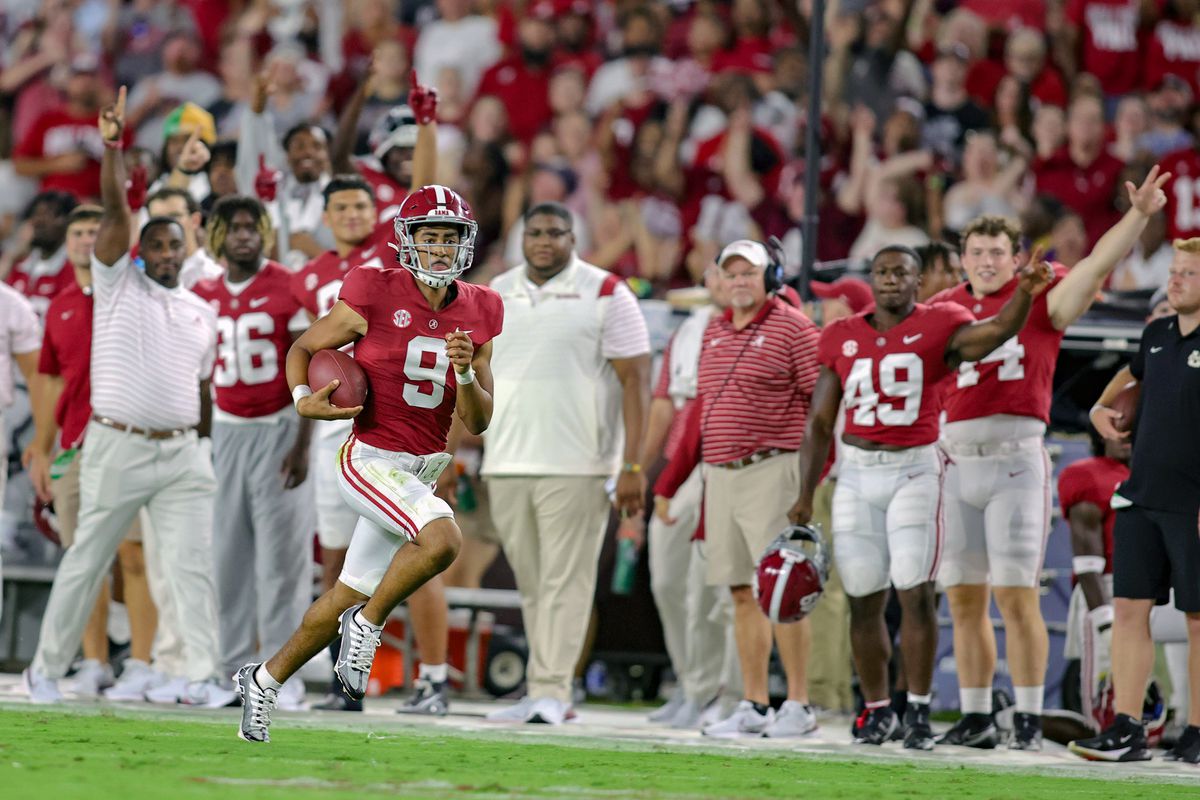 TUSCALOOSA, ALABAMA - SEPTEMBER 3: Bryce Young #9 of the Alabama Crimson Tide runs down the sideline during the first half against the Utah State Aggies at Bryant Denny Stadium on September 3, 2022 in Tuscaloosa, Alabama.