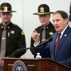 Gov. Gary Herbert talks about his annual budget proposal at the Utah Highway Patrol's headquarters in Murray on Wednesday, Dec. 7, 2016.