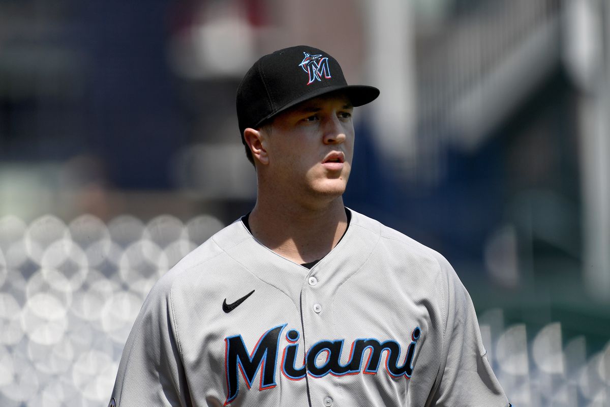 Miami Marlins pitcher Trevor Rogers (28) walks into the dugout during the Miami Marlins versus Washington Nationals MLB game at Nationals Park
